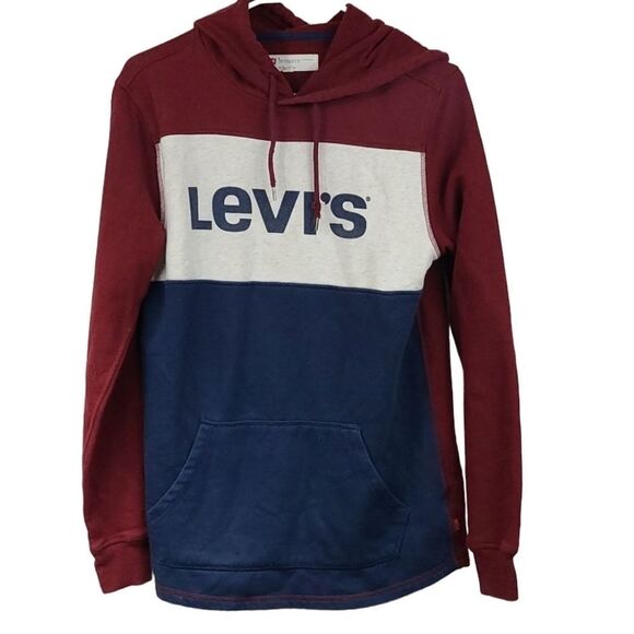 LEVI'S Men's Bilco Fleece Pullover Hoodie Maroon Blue Casual Sweatshirt Jacket - Picture 1 of 7